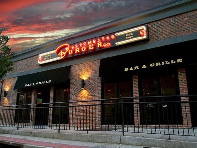 Westchester-Burger-Night-Pic Illuminated restaurant building signage with channel lettering on brick facade